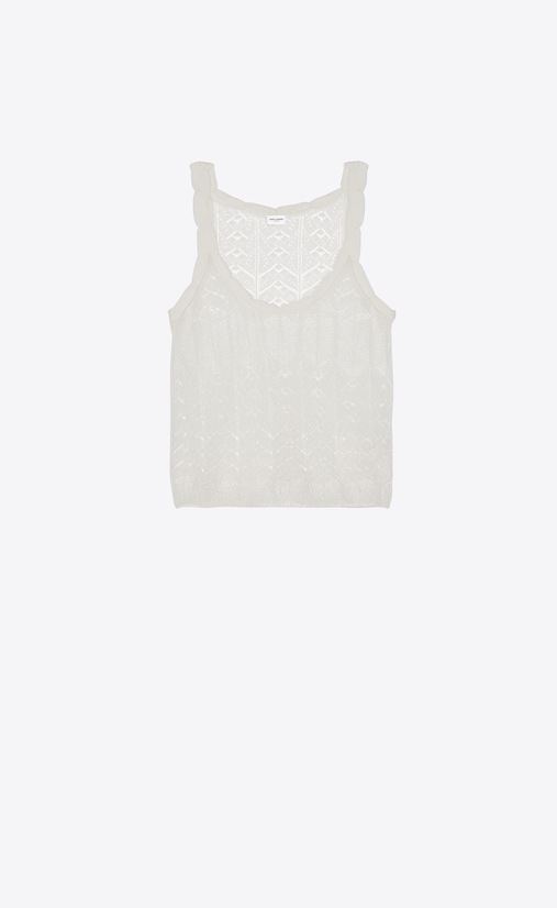 SAINT LAURENT Knitwear Tops Woman Tank top in a Ivory lacy openwork knit a_V4